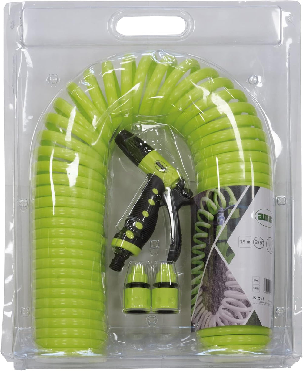 Amig - Furtun | Spiral | 15 m | Include 4 accesorii | Cu pistol de udare, adaptor pentru robinet și 2 cuplaje rapide | Cauciuc EVA | Verde fistic