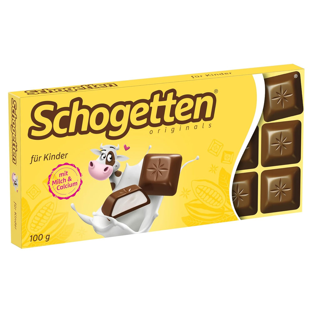 Schogetten for children, chocolate bar 100g, milk chocolate with creamy milk filling, conveniently portioned. A delicacy. Piece by piece.