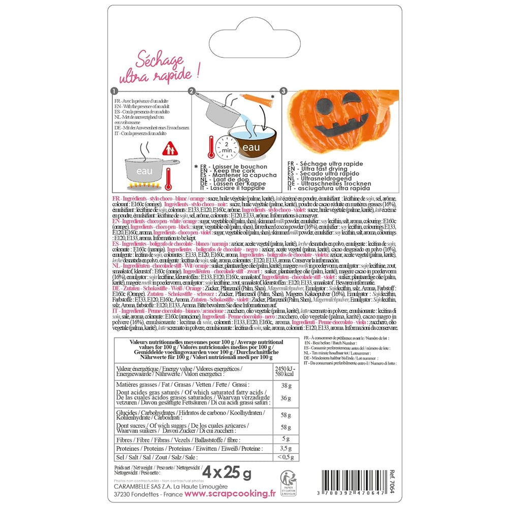 Scrapcooking - Set de 4 creioane colorate de ciocolată pentru Halloween - Negru, portocaliu, violet și alb - Colorant comestibil - Colorant alimentar pentru scris - Scrie și desenează pe deserturi, prăjituri și fursecuri - 7064