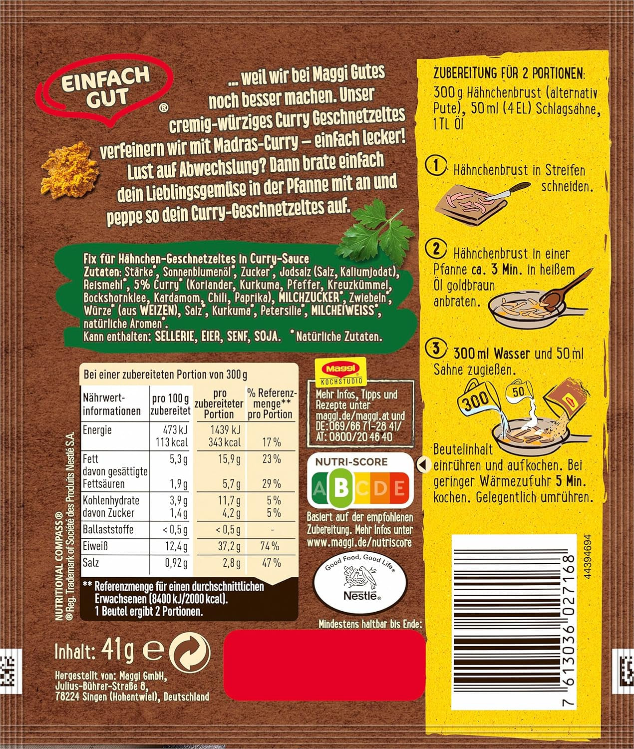 MAGGI Fix für Curry Geschnetzeltes, Würzmischung, mit natürliche Ingredient*, für 2 Portionen, 1er Pack (1 x 41g)