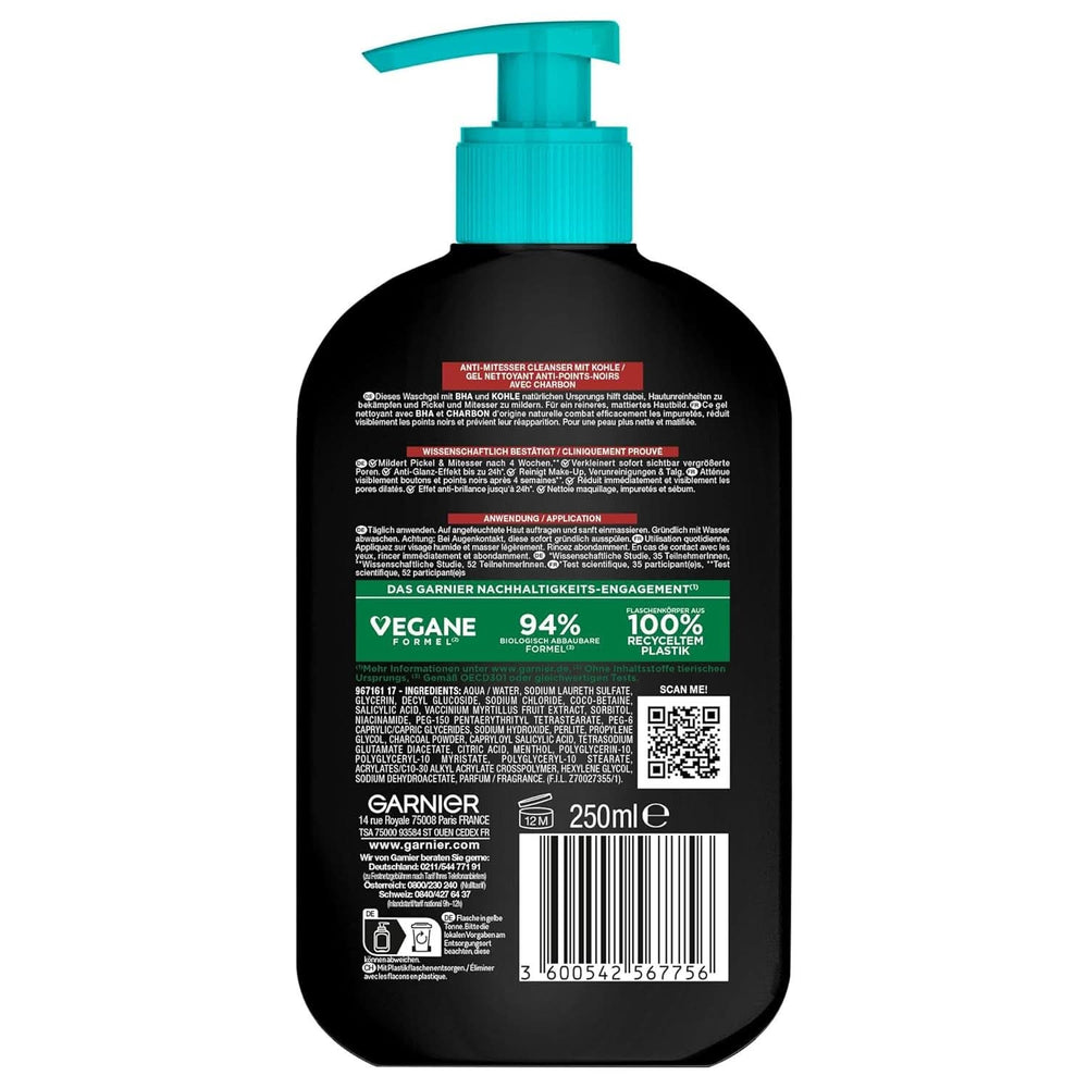 Garnier Charcoal Cleanser Facial Cleansing Gel Against Blackheads & Pimples 250ml Shower & Bath Naty Shop