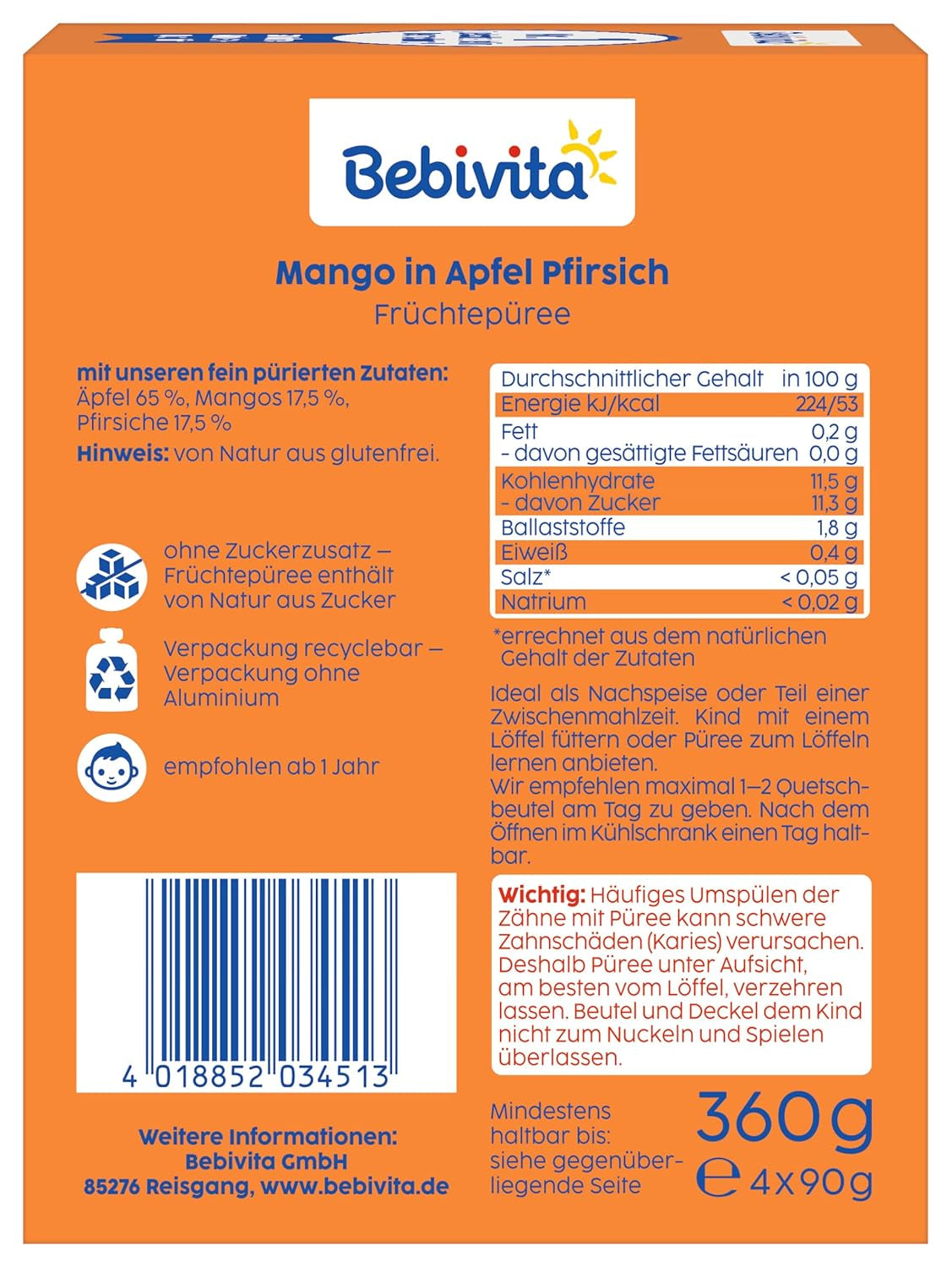 Mango Apple Peach Squeezable Pouches - 16 Pack (4 Pack, 4 x 90g Each), No Added Sugar, Gluten Free, Ideal for Packed Snacks and On The Go