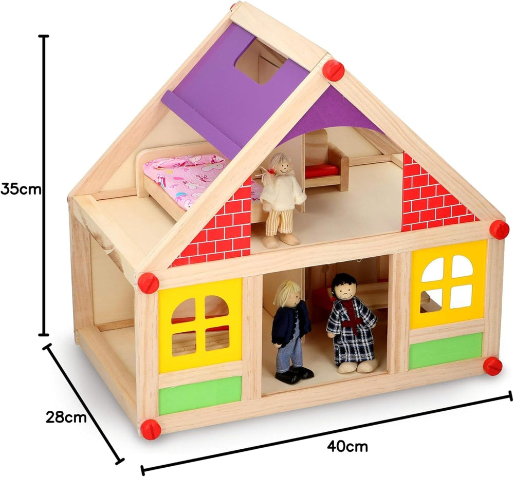 Marionette Wooden Toys - Wooden dollhouse with furniture and dolls - 11 pieces Dollhouses Naty Shop