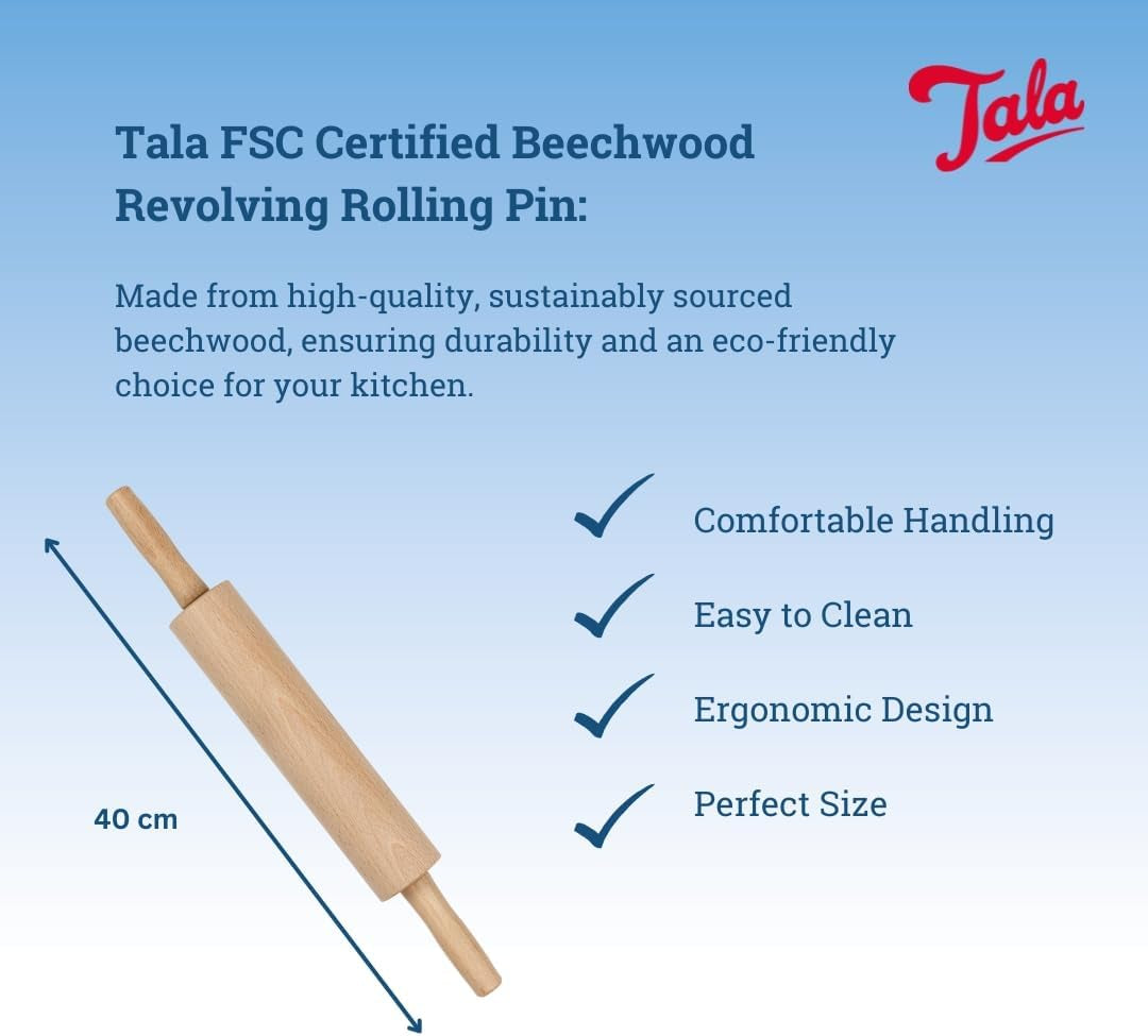 Tala Teigroller aus Buchenholz – Drehbares Nudelholz mit Griffen, glatte Oberfläche, durable & leicht zu reinigen – Perfekt für Teig, Gebäck, Brot & Pizza – FSC-zertifiziertes Holz