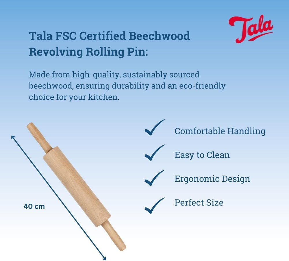 Tala Teigroller aus Buchenholz – Drehbares Nudelholz mit Griffen, glatte Oberfläche, durable & leicht zu reinigen – Perfekt für Teig, Gebäck, Brot & Pizza – FSC-zertifiziertes Holz