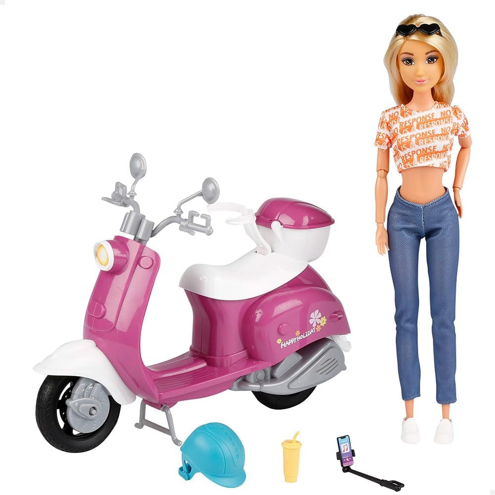 Isabella Gelenkpuppe mit Roller, 30 cm, Motorrad-Spielzeug, including accessories, Sonnenbrille, Handy, Selfie-Halterung, Helm, Refreshment, Puppen für Mädchen, Geschenke ab 3 Jahren (47812)