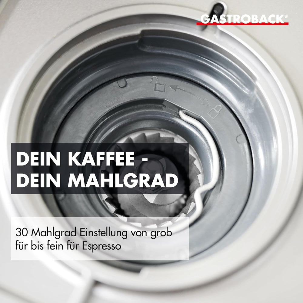 Espressor GASTROBACK cu râșniță, inclusiv ulcior de lapte, pressor și portafiltru din oțel inoxidabil - Espressor Barista cu spumator de lapte - Espressor cu 30 de setări de măcinare