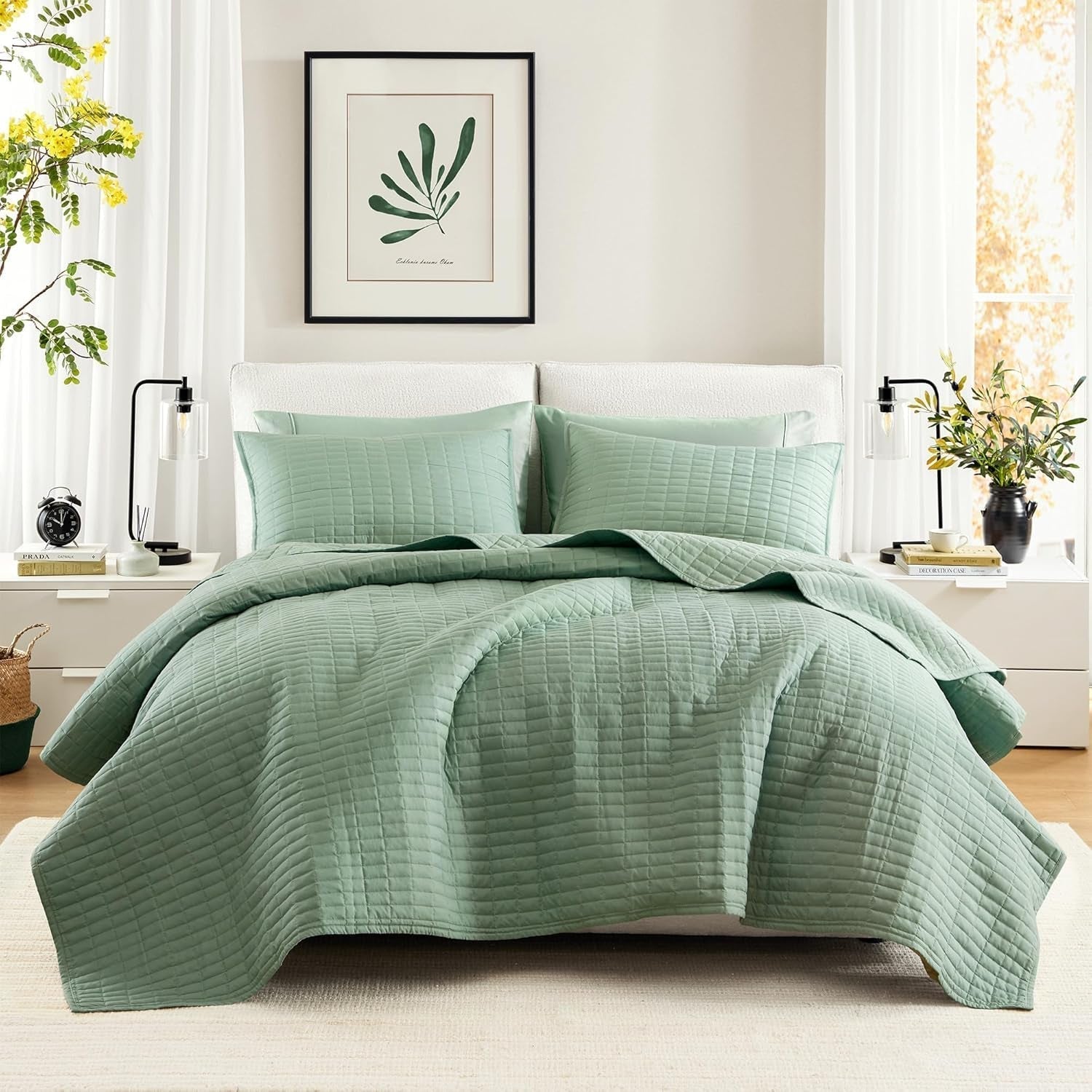 Comfort Spaces Kienna Quilt Set, Luxury Double Stitch Summer Blanket, Lightweight, Soft, Year Round Bedding, Matching Pillowcase, White, Blanket for King Size Beds (264.2 X 228.6 Cm), Naty Shop Comforters and Comforters Seafoam King/Cal King(104"X90")