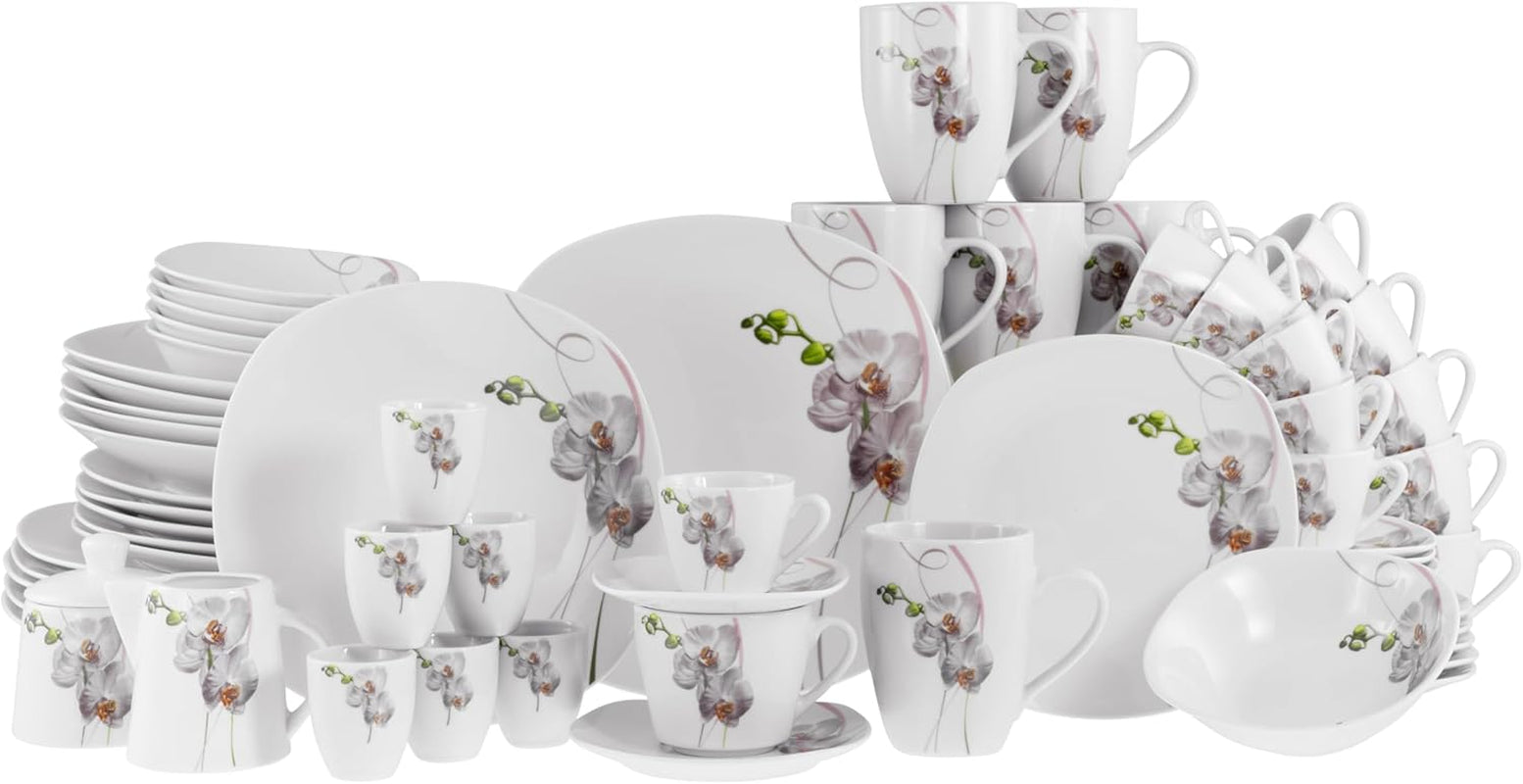Creatable, 22536, Serie Square Orchidee, 62-Teiliges Geschirrset Für 6 Personen, Kombiservice Aus Porzellan, Spülmaschinen- Und Mikrowellengeeignet, Qualitätsproduktion Seturi vesela masa Naty Shop Kombiservice 62 Tlg.