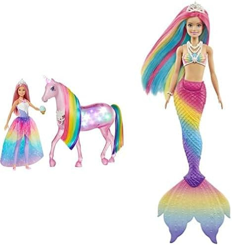 Barbie Dreamtopia Magical Magic Light Unicorn, cu 25+ lumini și sunet, incl. păpușă Barbie și unicorn, cadou pentru copii, jucărie de la 3 ani, GWM78 Papusi Naty Shop Pachet cu păpușă sirenă Ambalaje durabile