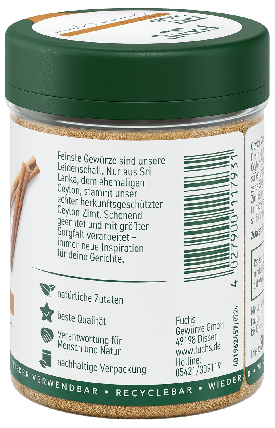 Fuchs Gewürze - Zimt Ceylon gemahlen | Aus natürliche Ingredient | 30 g in wiederverwendbarer, recyclebarer Streudose