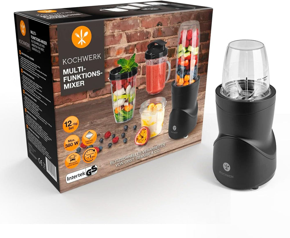 Smoothie Maker 12-Tlg | To-Go Deckel & 4 Mixbehälter | Für Obst, Gemüse & Nüsse | Myth Ice-Crush Funktion | Mini-Standmixer Zum Mixen, Rühren, Zerkleinern, Mahlen, Hacken & Pürieren | BPA-Free Kitchen Naty Shop