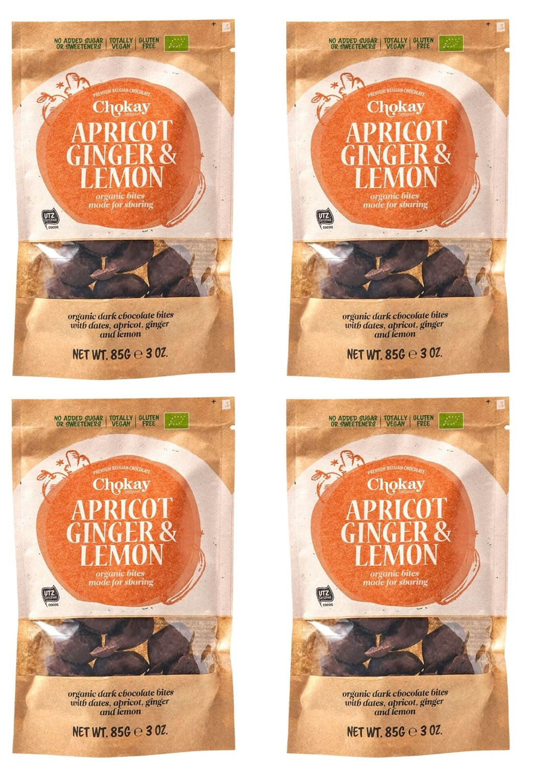 Set of 4 Organic Bites - Cinnamon Almonds/Cinnamon Almonds in Belgian Dark Chocolate/No Added Sugar, No Sweeteners/VEGAN & FAIR TRADE / 4 x 85g