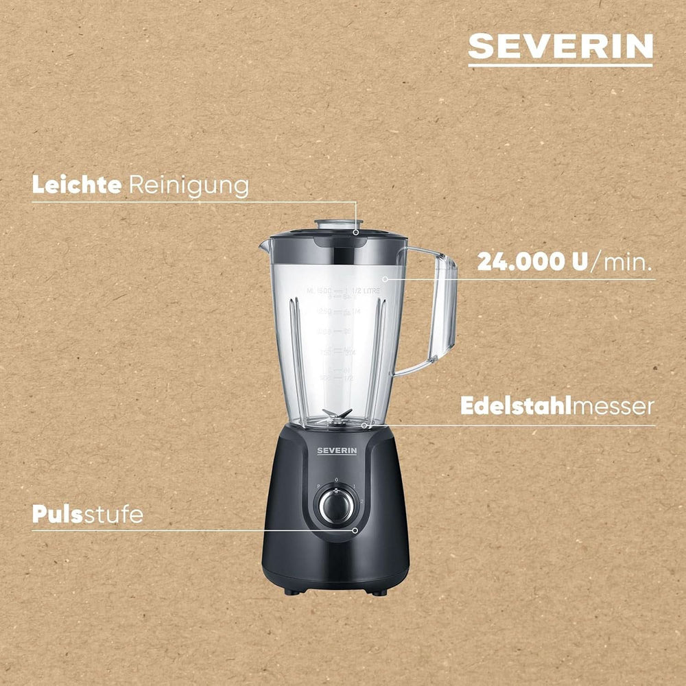 SEVERIN Standmixer Mit 1.5 L Mixbehälter Aus Tritan, Mixer Mit 2 Stufen Und Pulse-Funktion, Leistungsstarker Küchenmixer Mit Edelstahlmesser, 600 W, Schwarz, SM 3707 Kitchen Naty Shop