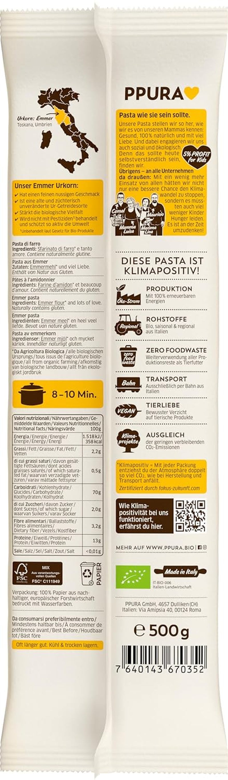 PPURA Organic Spaghetti Pasta with Emmer 500g, 100% natural emmer spaghetti, made in Italy - Italian pasta without additives, colorings or preservatives