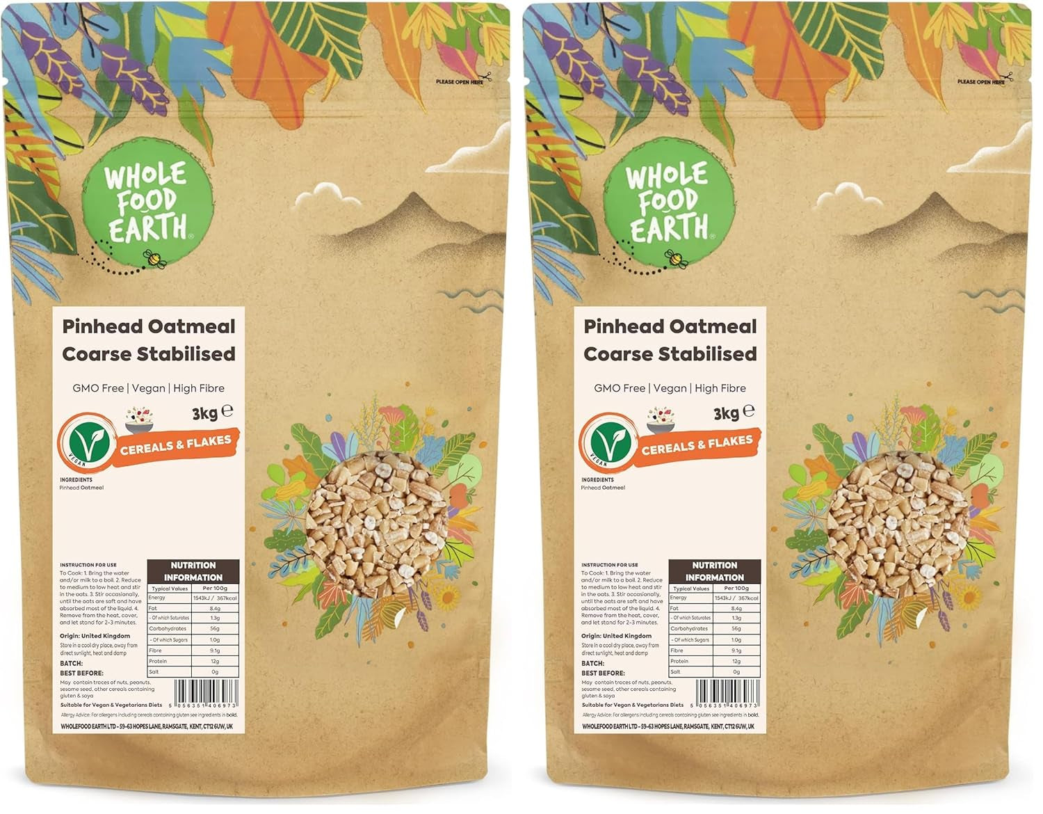 Wholefood Earth Pinhead Oatmeal Coarse Stabilized 3kg | Non-GMO | Rich in fiber