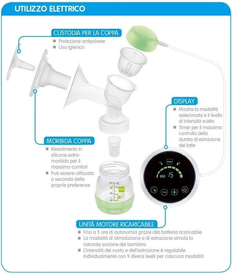 MAM Electric and manual breast pump 2 in 1, with 9 levels of stimulation, contains 2 bottles, easy start, green Accessories Food and Breastfeeding Bebe Naty Shop