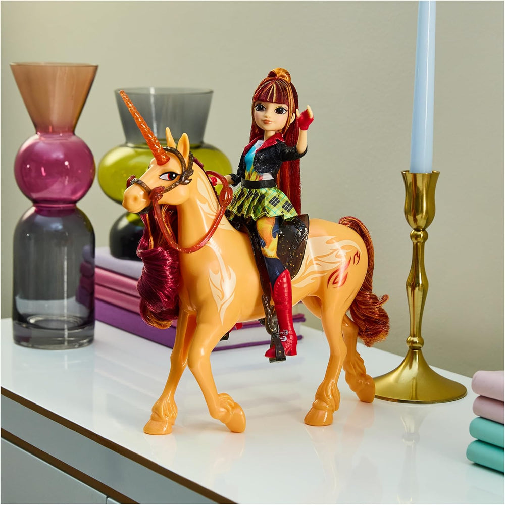 Unicornul Cinder de la Unicorn Academy - 28 cm înălțime, unicorn original de Valentina din serialul Netflix, cu coamă și coadă reale, frâu și șa detașabile și perie, pentru copii cu vârsta de 4 ani și peste