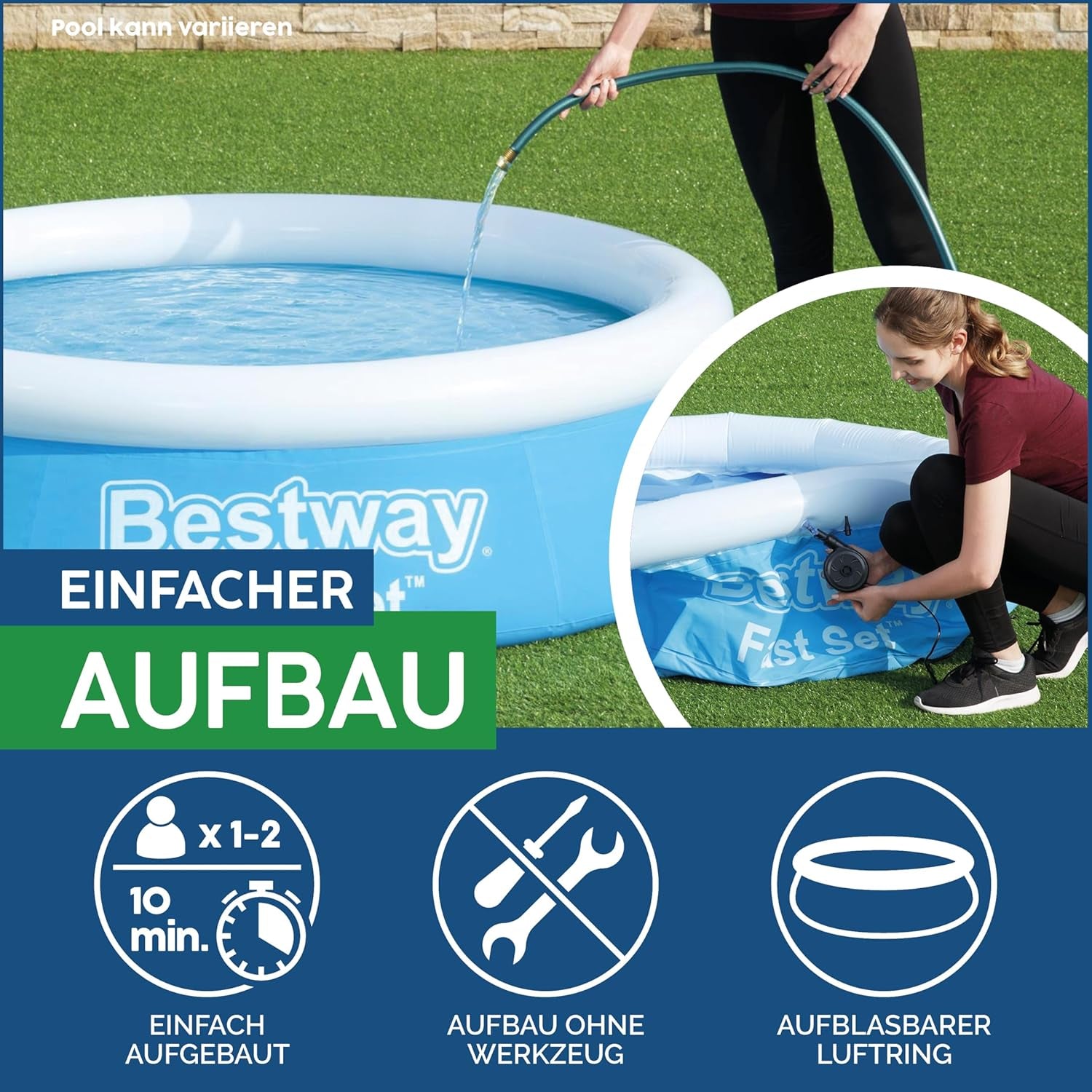 Piscină Bestway Fast Set, fără pompă, albastră, 366 x 76 cm, fără accesorii
