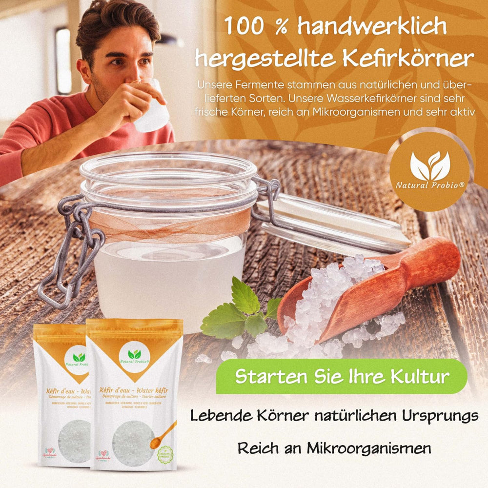 Natural Probio® Wasserkefir, Kefirpilz, Japankristalle, Kefirknollen, Starter Set + Anleitung, Rezept, Tipps, E-Book & Rezeptbibliothek + Kundenservice auf Lebenszeit (10g dehydrated/60g rehydrated)