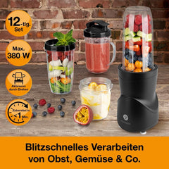 Smoothie Maker 12-Tlg | To-Go Deckel & 4 Mixbehälter | Für Obst, Gemüse & Nüsse | Myth Ice-Crush Funktion | Mini-Standmixer Zum Mixen, Rühren, Zerkleinern, Mahlen, Hacken & Pürieren | BPA-Free Kitchen Naty Shop