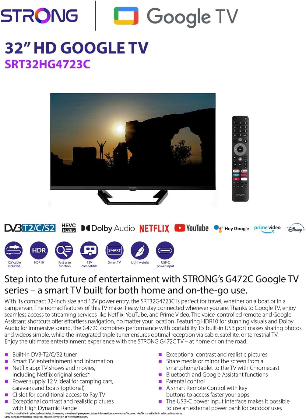 Televizor HD STRONG SRT32HG4723C de 32'' - DVB-S2/C/T2, 12V Ideal pentru autorulote, bucătării, dormitoare, bărci, 2 porturi HDMI + 1 port USB + Mini-AV + conexiune antenă/satelit - Negru