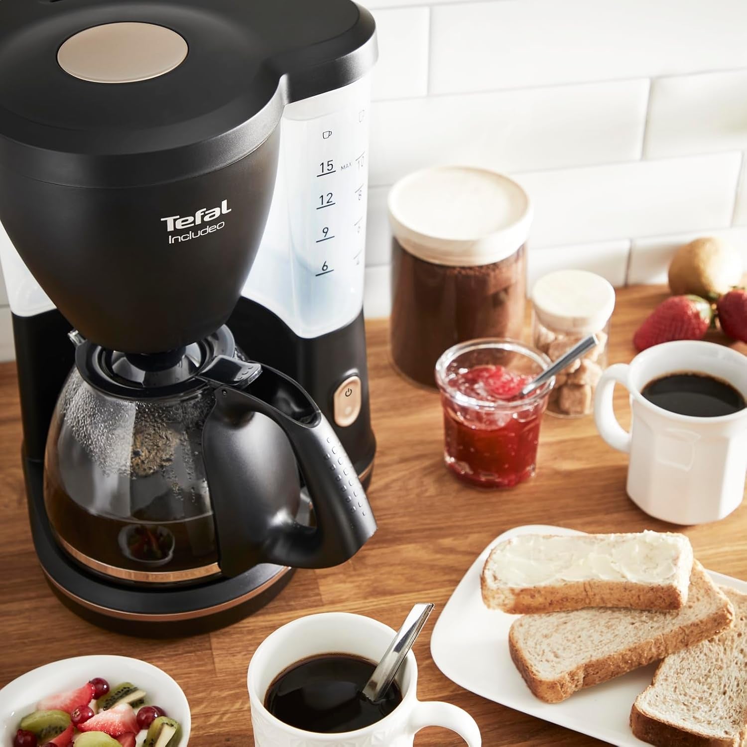 Espressor cu filtru Tefal Includeo, espressor extrem de ușor de utilizat, potrivit pentru dreptaci și stângaci, deschidere automată a capacului, 1,25 l, 10 până la 15 cești, CM533811