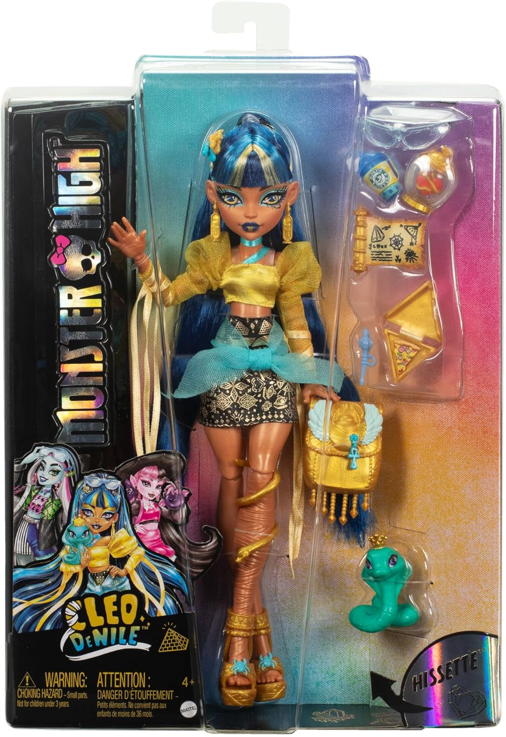 Păpușă Monster High Cleo De Nile în bluză aurie și fustă stratificată, include animal de companie Cobra Hissette și accesorii precum rucsac, gustare și rolă de hârtie, HXH74 Papusi Naty Shop