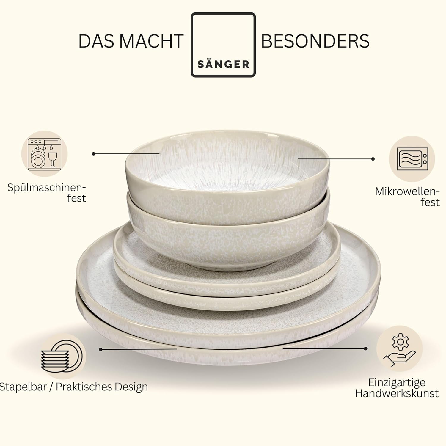 SÄNGER | Set de veselă Corfu cu 24 de piese, serviciu de cină pentru 8 persoane, ceramică lucrată manual, set de farfurii care include farfurii de cină, farfurii de desert și farfurii de sumă, veselă de culoare crem cu textură nisipoasă