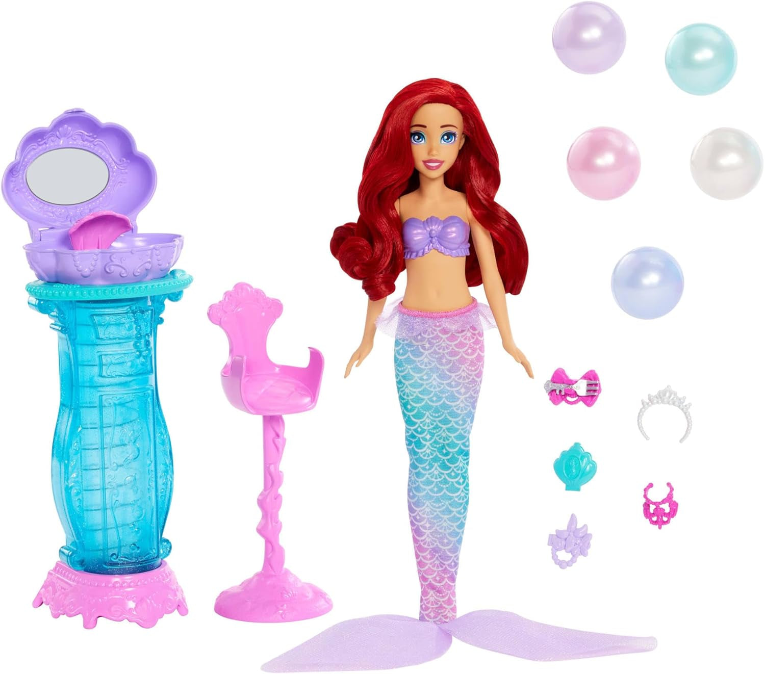 Jucării Mattel Disney Princess, Păpușă la modă Ariel Sirenă cu aripioară caudală detașabilă, Masă de toaletă cu 5 surprize pop-up repetabile și 5 accesorii, JBF86
