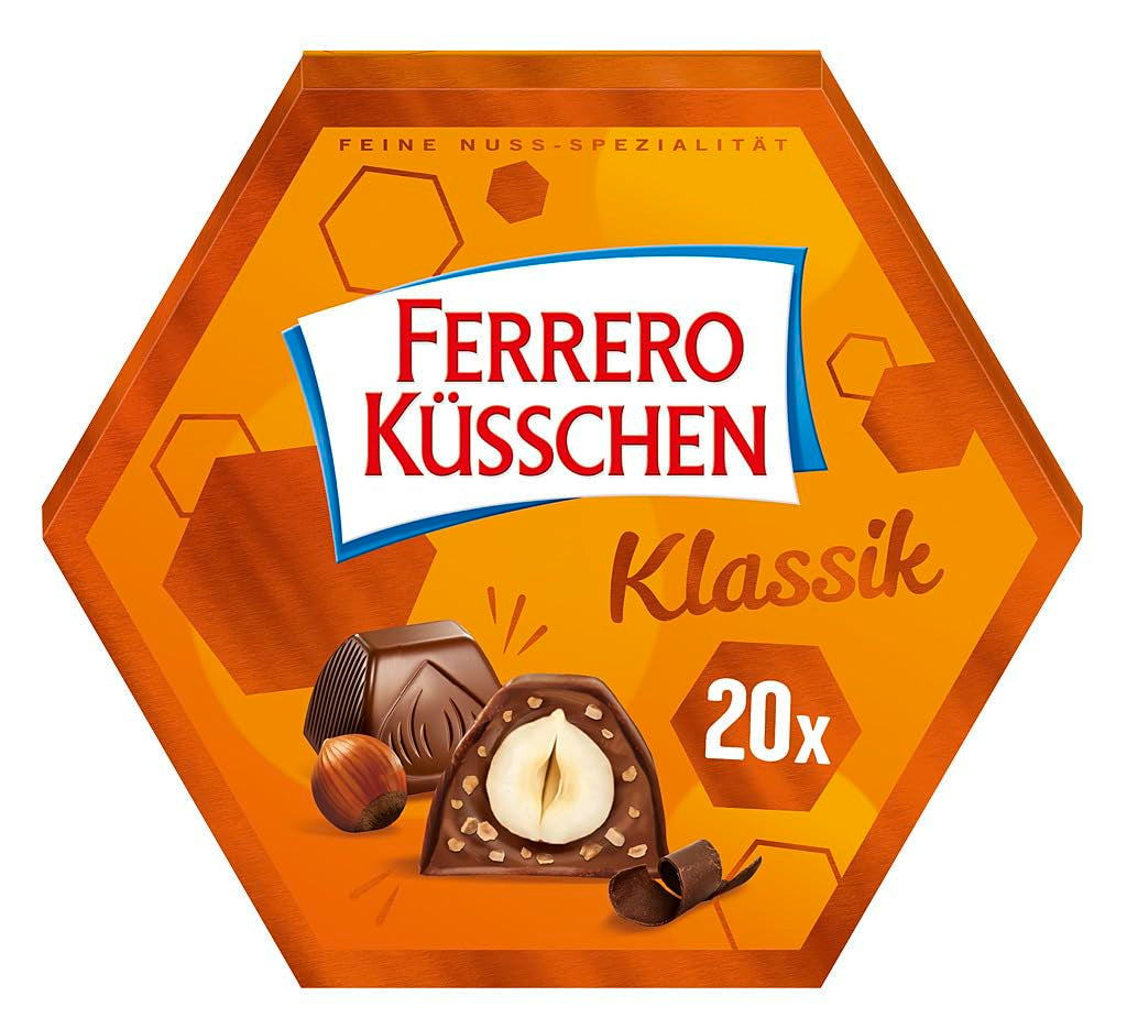 Ferrero Küsschen White Crispy - Valentine's Day gift for him and her - Crispy roasted hazelnuts in light cream with crispy chips, covered in white chocolate, 1 pack of 20 individual pralines