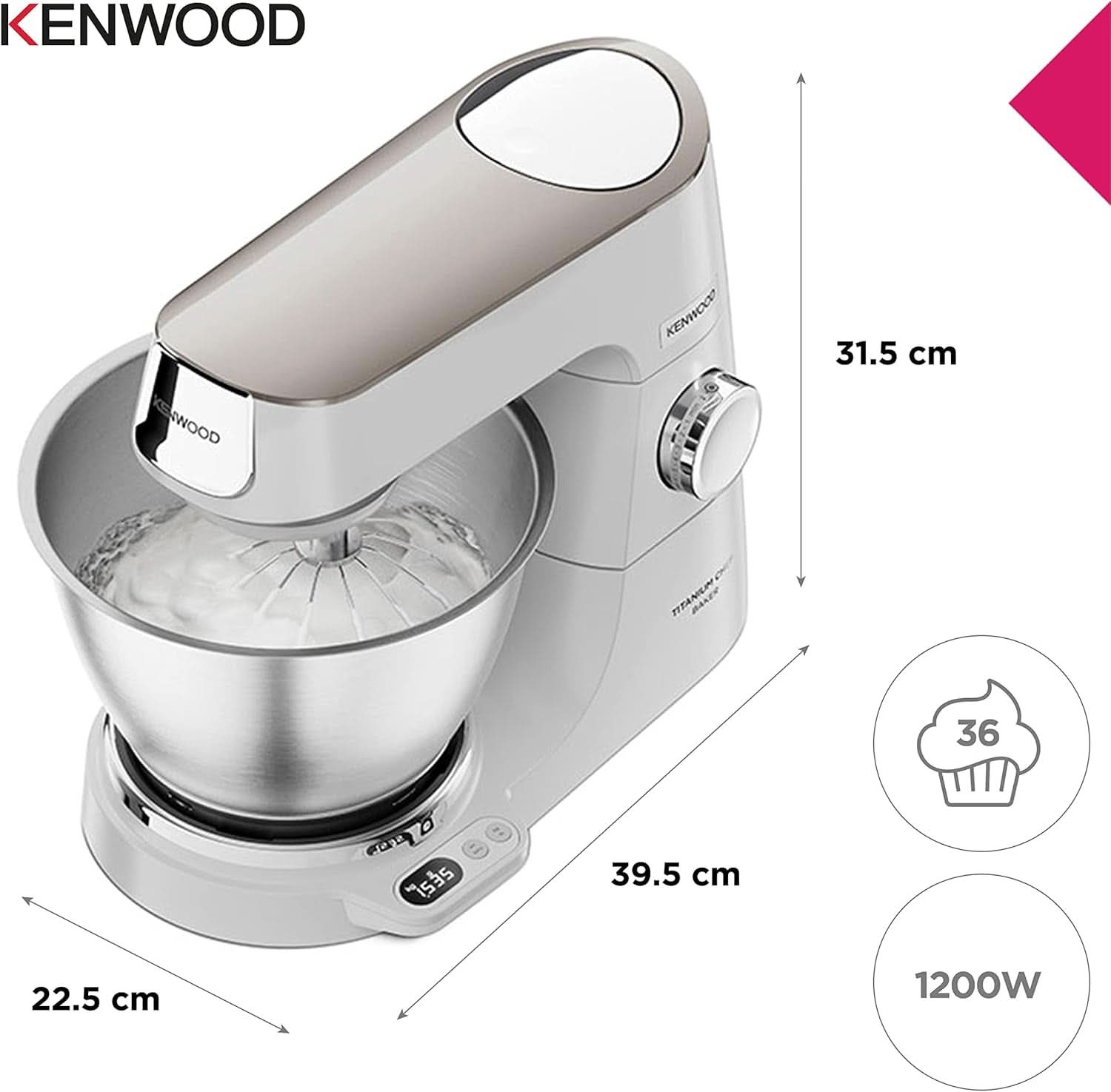 Kenwood Titanium Chef Baker KVC65.001WH, Küchenmaschine Mit Integrierter Waage, 1200 Watt, Inkl. 3-Teiligem Patisserie-Set, Spatula & Spritzschutz, Weiß Mother and Child Naty Shop