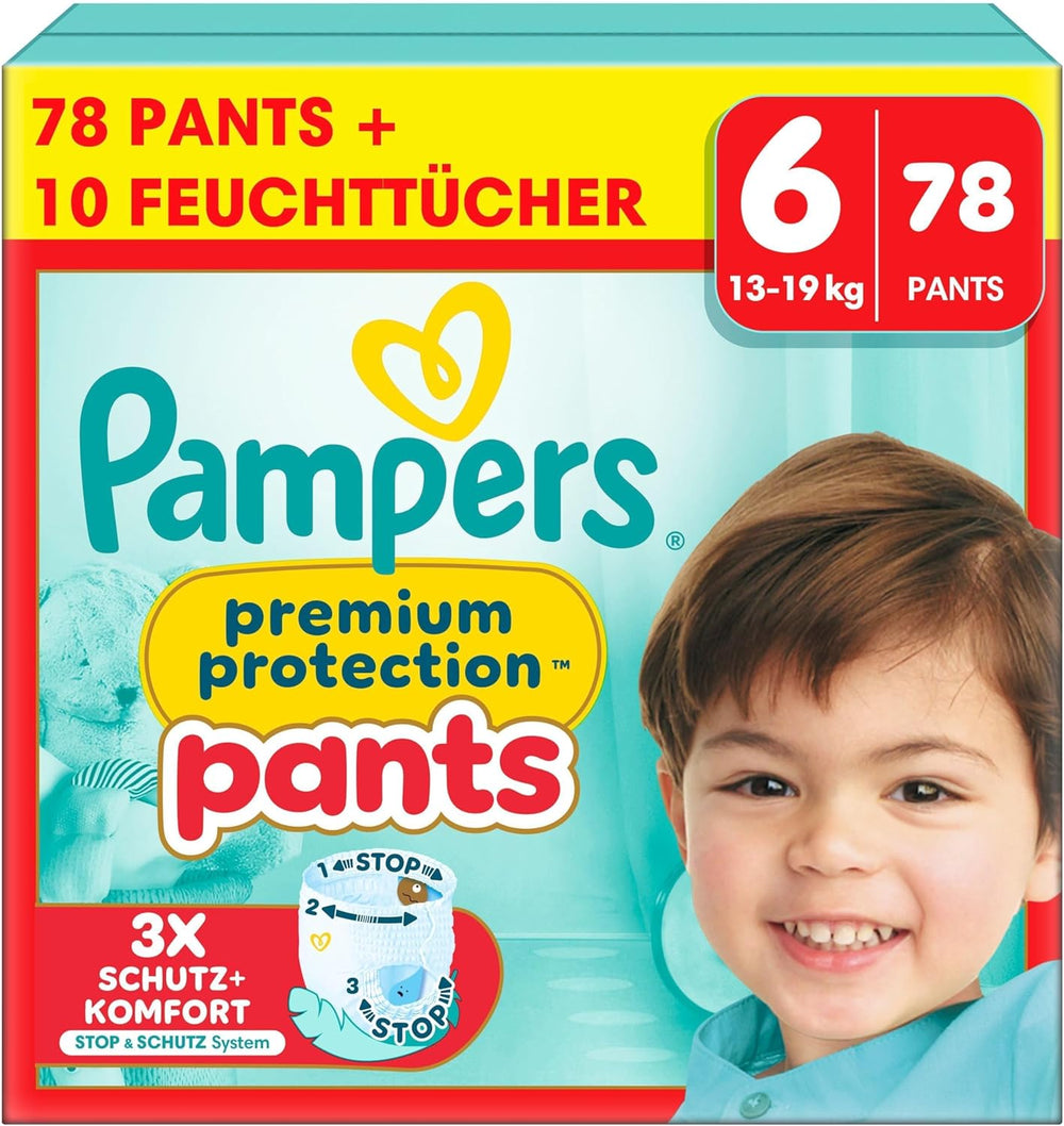 Pampers Premium Protection Pants Größe 6, 78 Windeln, 13kg-19kg, Mit 360° Fitform, 2x breiteren Bundchen als vorher für Komfort & Schutz + 10 Stück Pampers Aqua Baby-Weuchttücher enthalten