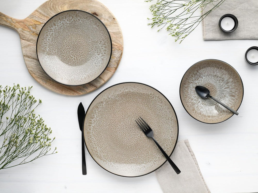 CreaTable, 24464, Seria Malmö Bej, set de veselă cu 18 piese pentru 6 persoane, set de farfurii din gresie, potrivit pentru mașina de spălat vase și cuptorul cu microunde, producție de calitate