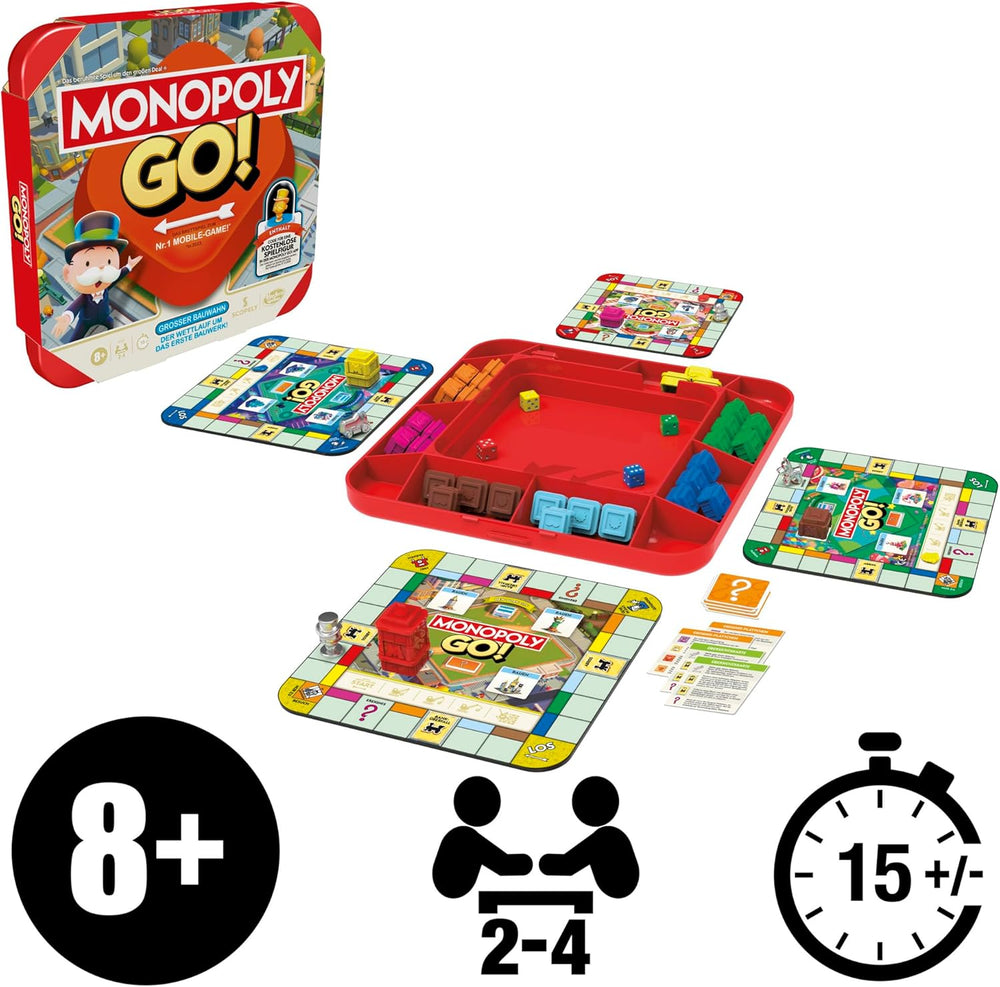 Board game Monopoly GO! - German version, game based on the popular online version, fast strategy game for the whole family, fun for 2 to 4 players