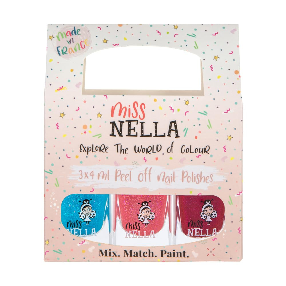 Miss Nella Magic Collection 4 Piece Glitter Nail Polish Set: Pink, Red, Gold and Blue, Kids Special Removable Nail Polish, Non-Toxic, Water-Based, Odorless