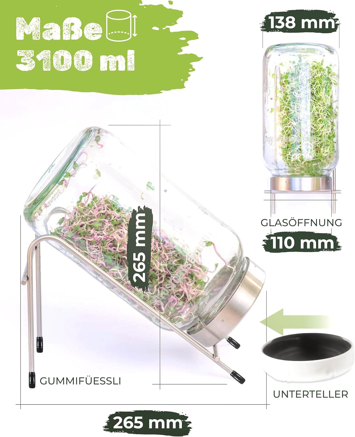 Germination jar set 3100 ml with gift set - Organic Fitness Mix, Power Mix and Detox Mix, 75 g each - Germination jar - incl. jar lid, stand and strainer