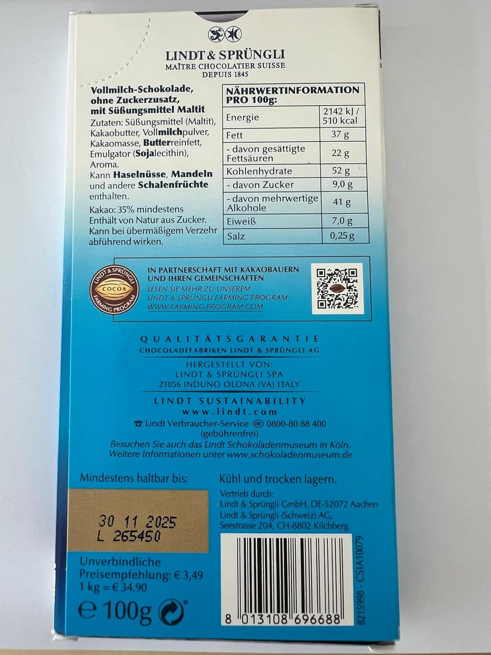 Lindt milk chocolate with no added sugar | Bar 100g | The finest and gluten free | Chocolate gift