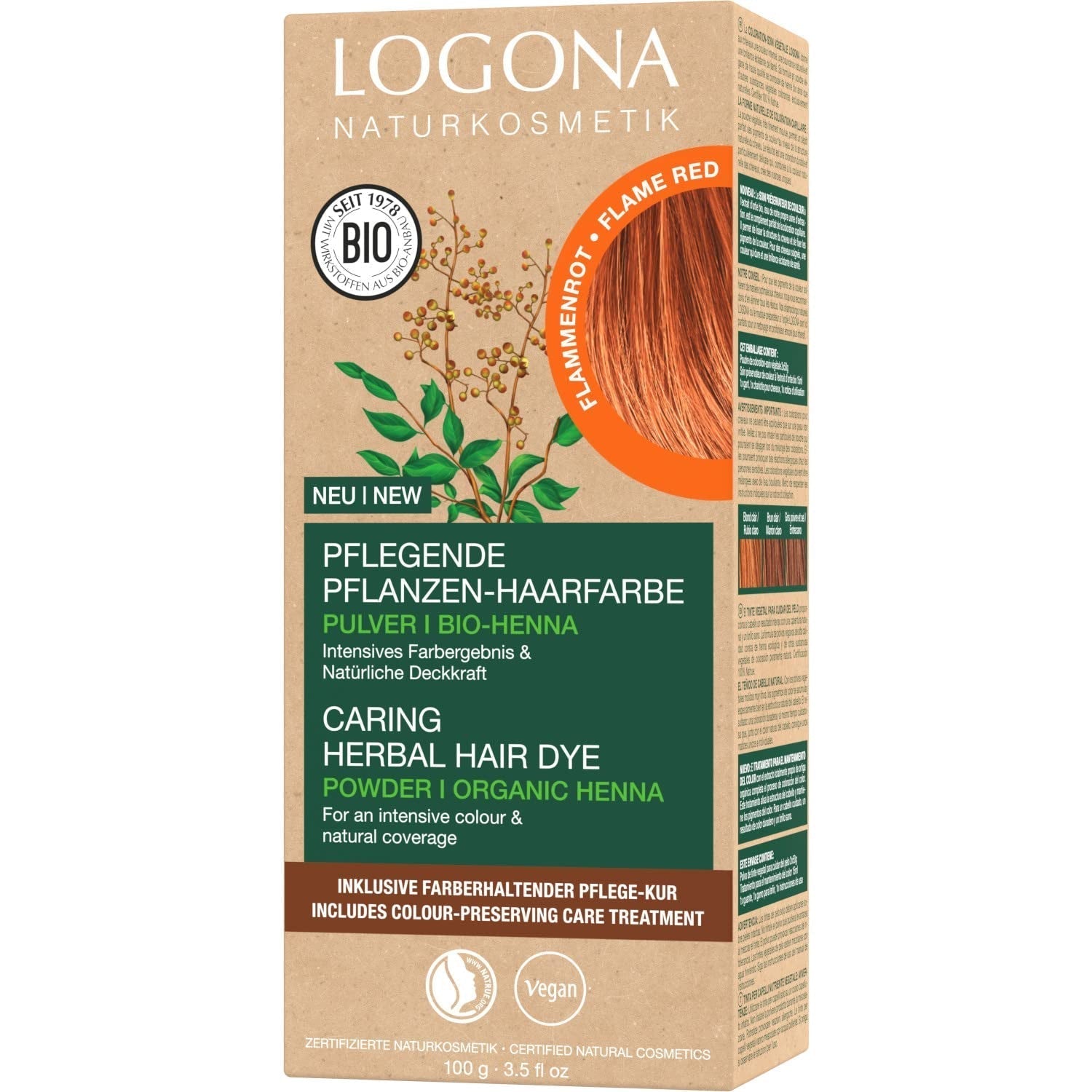 LOGONA Natural Cosmetics Vopsea de păr hrănitoare pe bază de plante, vopsea de păr vegană pudră cu henna organică pentru culoare intensă și strălucire, vopsea de păr pe bază de plante în blond cupru (blond), 1 x 100g Vopsea pentru par Naty Shop Roșu flacără 100 G (1 pachet)