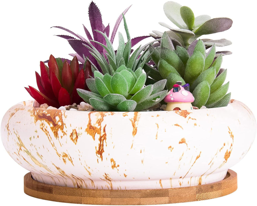Ghivece mari pentru plante suculente cu farfurioare din bambus, jardiniere ceramice pentru cactus de 18,5 cm, ghivece rotunde pentru flori, recipiente pentru bonsai pentru grădină, birou, decorare birou
