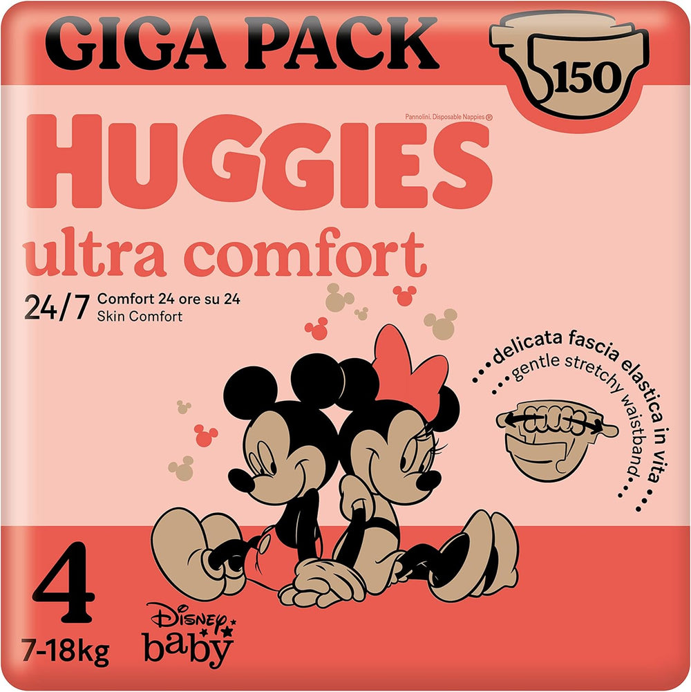 Huggies Ultra Comfort Diapers, Size 4 (7-18 kg), Disney Design, Value Pack, 150 Pieces