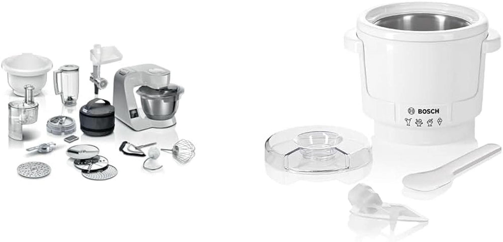 Bosch Series 4 MUM5X720 food processor, integrated scale, stainless steel bowl 3.9L, mixer 1.25L, 1000W Accessories Food and Breastfeeding Bebe Naty Shop Package with ice maker Silver Gray 6 accessories