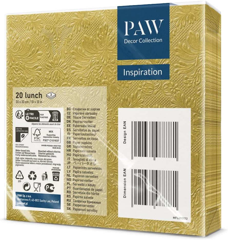 PAW - Șervețele 3 straturi (33 X 33 Cm) I 20 bucăți I Perfect pentru zile de naștere, petreceri, nunți, comuniuni și sărbători I Șervețele de hârtie colorate - ocazii speciale, ornamente I Inspiration Classic (Gold)