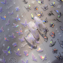 2 Blätter Schmetterling Nagelsticker Selbstklebend,Muschel Glitzer Nail Art Butterfly Nail Sticker Lila Grau Schmetterlinge Nagelaufkleber Relief Laser Butterflies Nagel Sticker Nageldesign Zubehör