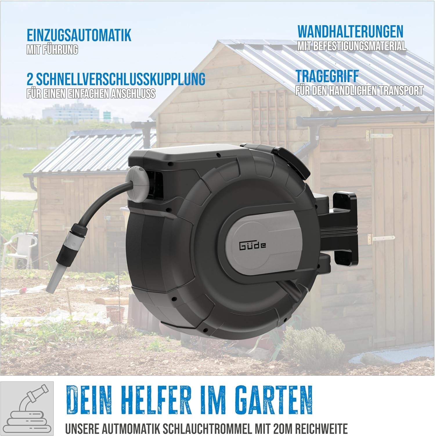 Rolă automată pentru furtun Güde 20-2-2 1/2 (pentru montare pe perete, rotire la 180°, furtun de 20 m, pulverizator de apă, suport de perete, retragere automată, opritor retragere, mâner de transport, 2 cuplaje rapide)