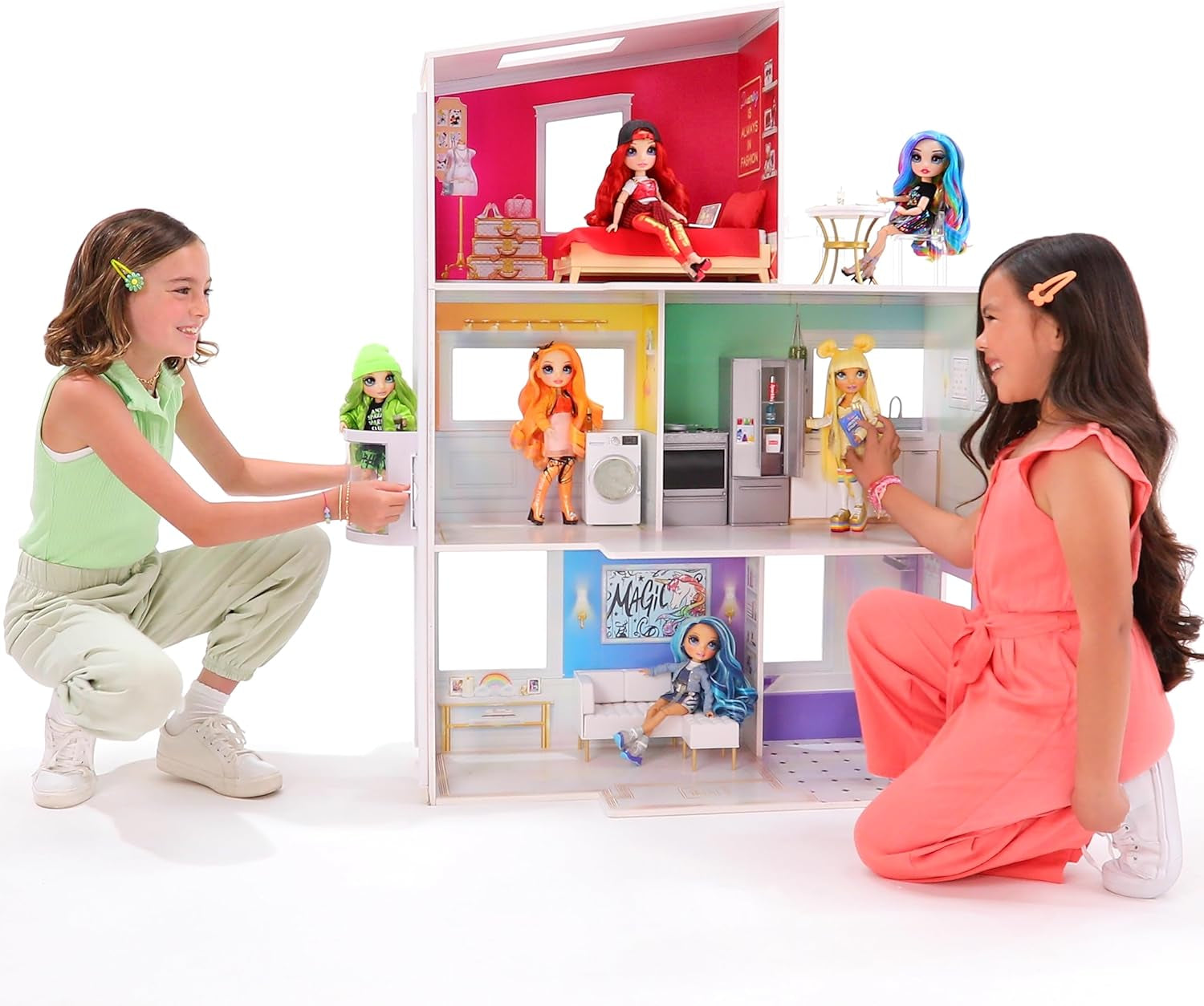Rainbow High Townhouse - Casă de păpuși din lemn cu 3 etaje cu 5 camere colorate și terasă - Casă complet mobilată cu lift și accesorii funcționale - Jucărie pentru copii de la 4 la 12+ ani Casute de papusi Naty Shop