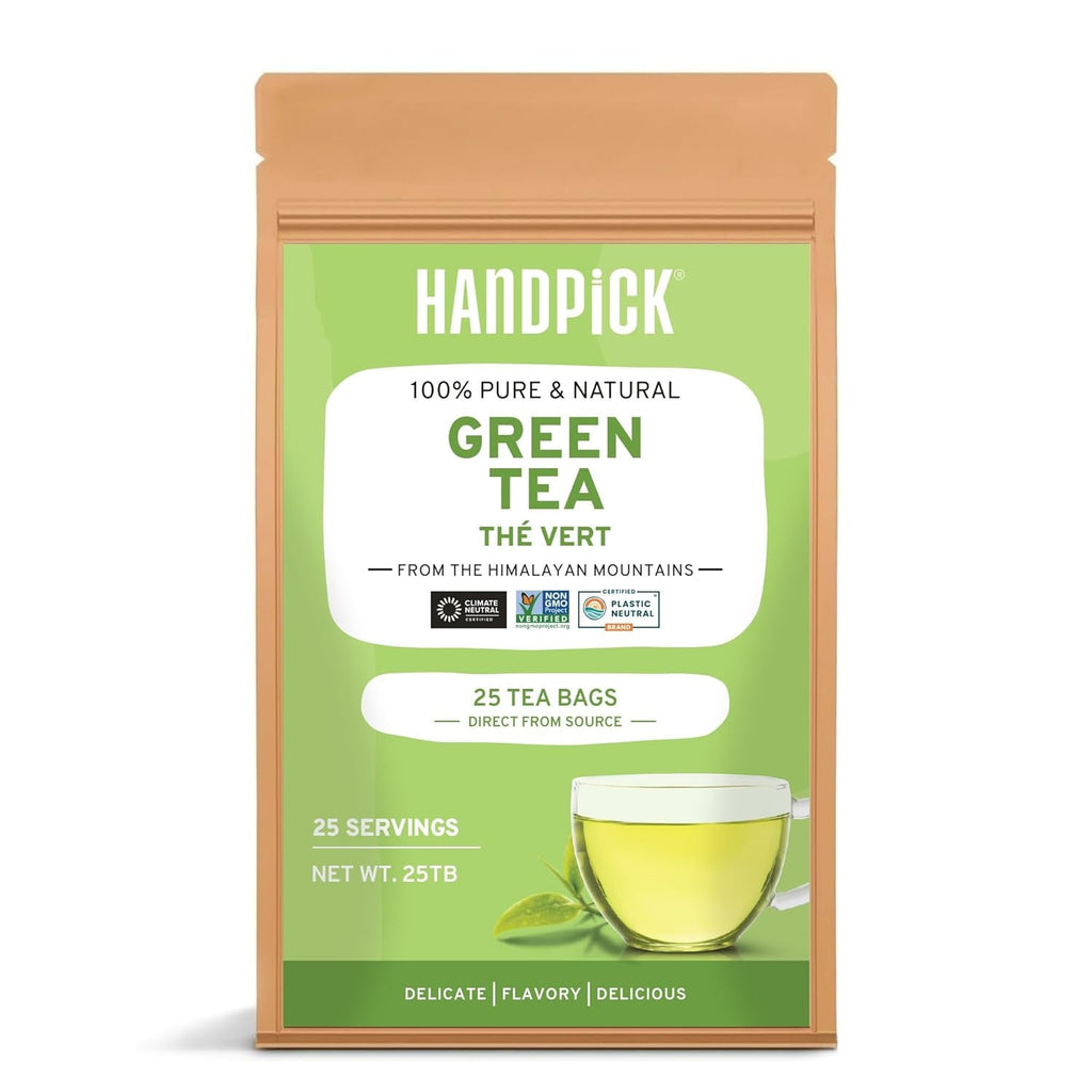 HANDPICK, pliculețe de ceai verde (100 pliculețe) Fără gluten și ceai verde pur | Pliculețe rotunde de ceai verde, fără adeziv, fără înălbitor, fără sfori | Ceai fierbinte/Kombucha sau infuzat la rece | Ceai verde