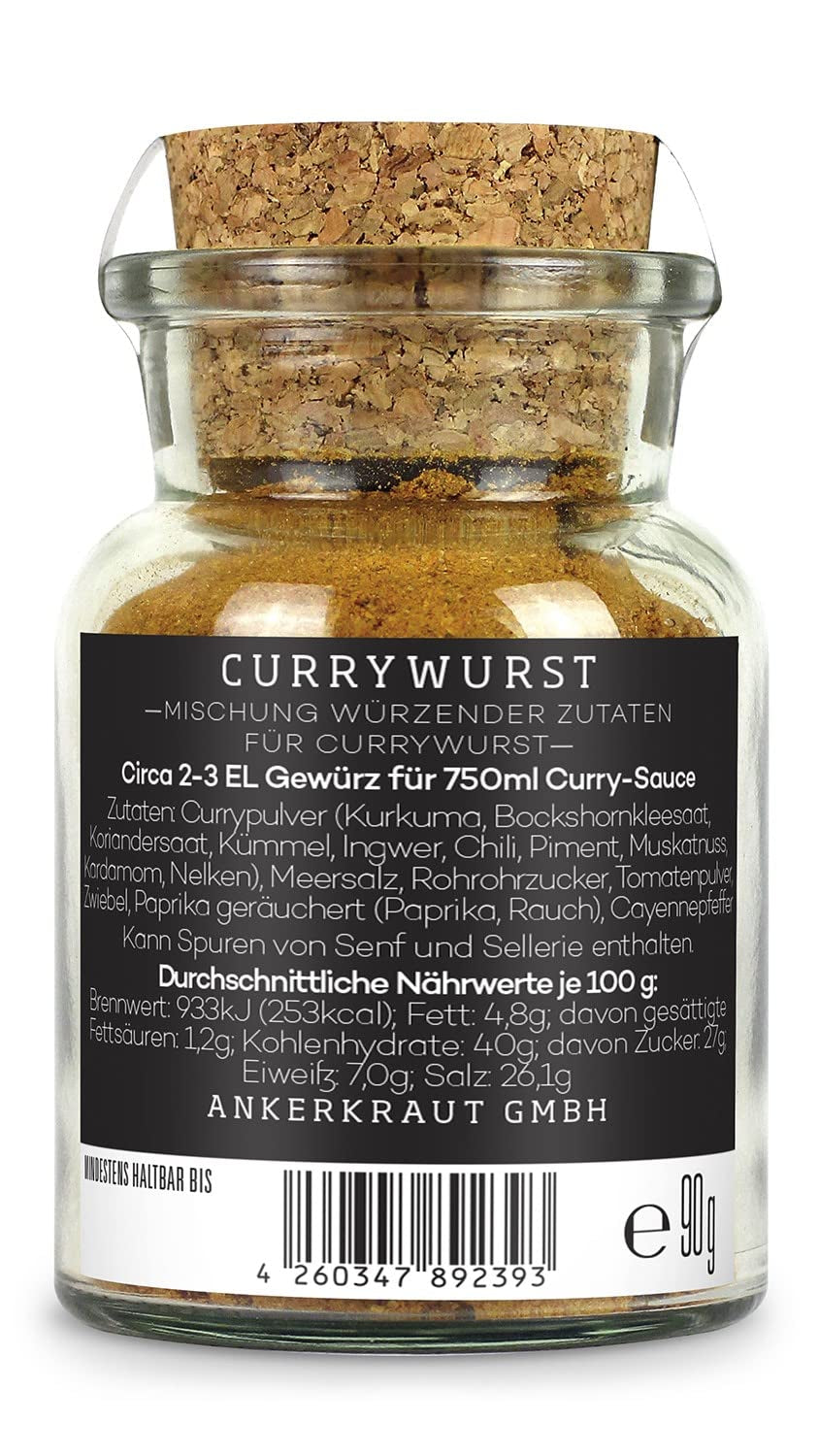 Ankerkraut Currywurst, 90g in cork glass, Gewürzmischung zum Anmischen selbstgemachter Currywurst-Sauce oder als Topping