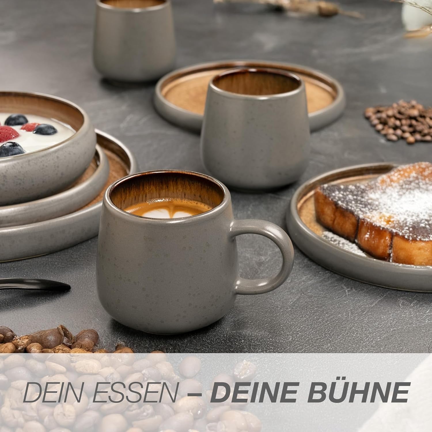 Set de veselă Moritz & Moritz SOLID din gresie, format din 24 de piese, pentru 6 persoane - set de veselă pentru 6 persoane, format din 6 farfurii de cină, 6 farfurii mici, 6 farfurii de masă și 6 cești cu mânere