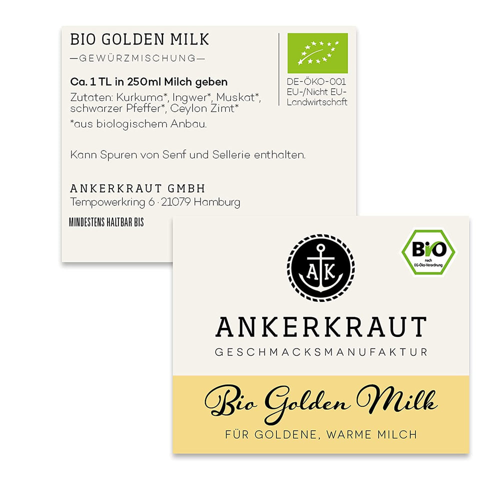 Ankerkraut Bio Golden Milk, Gewürz für goldene Milch, with Turmeric, Zimt und Ingwer, 75 g in a cork glass
